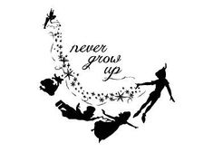 the tinkerbells never grow up wall decal is shown in black and white