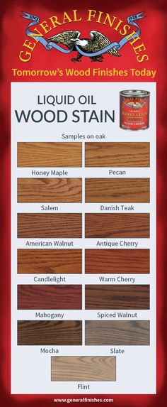 an advertisement for wood stain is shown in red and white with the words general finishes on it