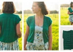 a collage of photos showing the back and sides of a woman's green cardigan