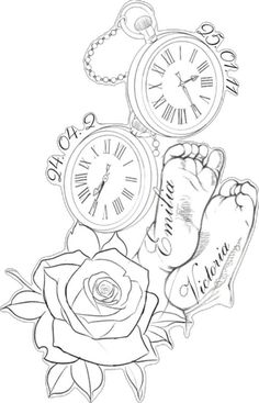 a coloring page with roses and clocks