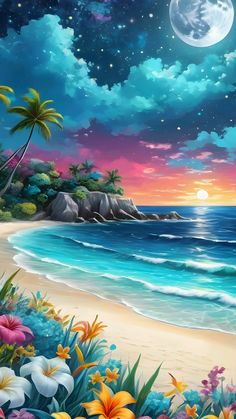 a painting of a beach with flowers and the moon in the sky above it by the ocean