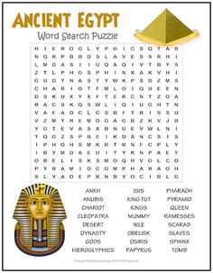 an ancient egypt word search page with the egyptian pyramid and pharaoh mask on it's side