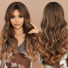 PRICES MAY VARY. ♛【Material selection】High density heat resistant fiber wig(120°c), soft hair, comfortable to wear, easy to care for. Reduce shedding and knotting. ♛【Long Ombre Brown Wig】24 Inch long wavy curly brown wig with 8.6 Inch fluffy curtain bangs .Brown highlight wig design is more fashion,and the warm color combination of brown and blonde fall wig is also suitable for daily life. ♛【Dark Roots & Curtain Bangs Wig】8.6 Inch curtain bangs can not only be arbitrarily shaped but also perfect Light Brown Curtain Bangs, Brown Curtain Bangs, Brown Blonde Wig, Wig With Highlights, Wig Design, Natural Brunette, Mocha Hair, Reverse Ombre, Highlight Wig