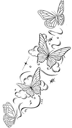 two butterflies flying in the sky with clouds and stars on it's back side