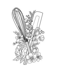 flowers and whisk on a white background in the style of line art stock illustration