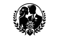 the silhouette of a bride and groom in a laureled frame with hearts on it