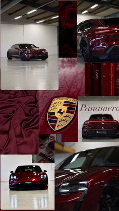 a red sports car parked in a garage next to other pictures and words on the wall