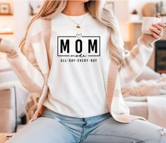 Cute Mom Shirt, Mom Mode All Day Every Day, Motherhood Shirt, Mothers Gift Ideas. Bella Canva Brand lightweight fabric Unisex Jersey Short Sleeve Shirt makes it perfect for layering. Welcome to SsweetNChic shop! For Sizes & Color options, please look at listing images. Bella Canva 3001 T-shirts. How to order: 1. Please check and review listing photos. 2. Select your T-Shirt size & color from drop down menu. 3. Choose the Quantity you want. 4. Click ADD TO CART. Go to your card and finish your order. CARE INSTRUCTIONS: Machine Wash: cold Non-chlorine: Bleach as needed Tumble dry: low heat Iron, steam, or dry: medium heat Do not dry-clean Standard shipping cost $4.75, processing time 2-5 days Est. delivery 2-5 business days. Mother's Day Crew Neck Tops, Everyday Crew Neck Tops For Mother's Day, Gift Ideas New Mom, Blessed Mama Shirt, Motherhood Shirts, Mommy Shirt, Blessed Mama, Mommy Shirts, T Shirt Oversized