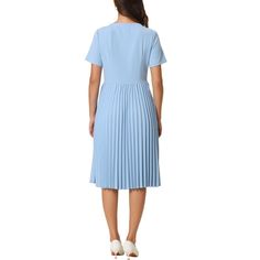 This dress can be a perfect addition to almost any outfit from formal to daily wear, great for work, meeting, office, businesses, work, party, cocktail, wedding, casual, daily dressing, etc. Pair with delicate necklace and heels for a chic office look. Comfortable and classic, this A-line dress is perfect on its own or as a layer under a blazer or jacket. Elegant Fitted Knee-length Pleated Dress, Pleated Fitted Midi Dress For Formal Occasions, Fitted Pleated Midi Dress For Formal Occasions, Elegant Knee-length Midi Dress With Pleated Back, Blue A-line Midi Dress For Formal Occasions, Fitted Pleated Dress For Formal Occasions, Formal Fitted Pleated Dress, Elegant A-line Pleated Dress For Work, Fitted Solid Color Pleated Dress