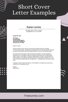 a cover letter for a resume is shown in black and white, with the words short cover