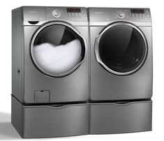 the front load washer is shown in stainless steel, and it's door open