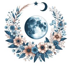 the moon is surrounded by flowers, leaves and branches in this watercolor painting style