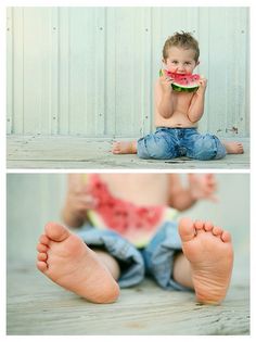 a little boy sitting on the ground eating a piece of watermelon with his feet