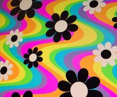 an abstract painting with black and white flowers on multi - colored waves in the background