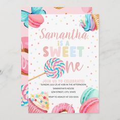 a pink and blue birthday party card with cupcakes, lollipops and sprinkles