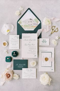 the wedding stationery was done in green and white