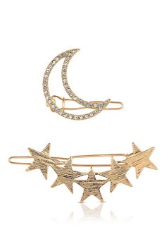 Stars and Moon Set of 2 Hair Barrettes in Gold Moon Clips, Moon And Star Hair Pieces, Gold Star Hair Accessories, Moon Hair Accessories Gold, Star And Moon Hair Clips, Moon Set, 2 Moons, Moon Setting, Clear Crystals