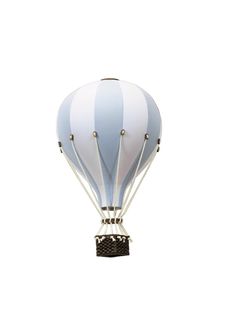 a blue and white striped hot air balloon