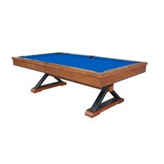 a pool table with blue cloth on the top and black legs, in front of a white background