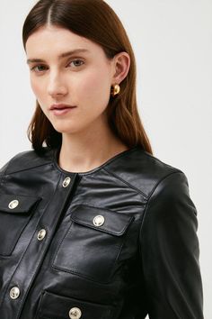 Leather Pocket Bomber Jacket Edgy Leather Jacket, Jacket Collection, Leather Pocket, Fitted Style, Karen Millen, Lower Body, Metal Buttons, Fashion Face, Click Here