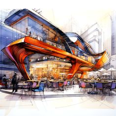 an artistic rendering of a restaurant in the city