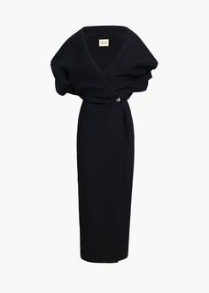 TRUMAN DRESS IN BLACK FLAT Khaite Dress, Wrapped Dress, Crepe Midi Dress, Dress Drape, Style Noir, Black Wrap Dress, Maxi Wrap Dress, Elbow Length Sleeve, Pencil Dress