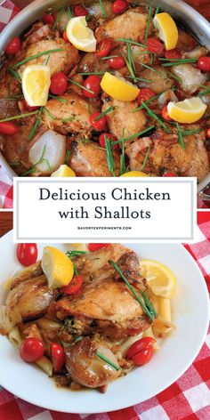 delicious chicken with shalotts and lemons in a pan on a red checkered tablecloth