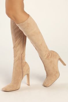 Dress to impress from head to toe with the Lulus Loriah Light Nude Suede Square Toe Knee High Boots! These chic boots have a smooth, faux suede construction that shapes a square toe upper that rises to a 15"" shaft with a 12"" circumference, all atop a sleek blade heel. A 16"" zipper at the instep allows for easy on and off! 4. 25" wrapped blade heel. Cushioned insole. Felted rubber sole has nonskid markings. Man made materials. Imported. Lulus | Loriah Light Nude Suede Square Toe Knee High High Heel Boots | Size 6. Square Toe Knee High Boots, Tan Heeled Boots, Tan Knee High Boots, Suede High Heel Boots, Tan High Heels, Nude Boots, Chic Boots, Womens Suede Boots, Dream School