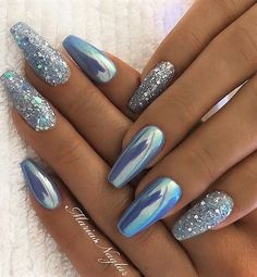 Blue Chrome Nails, Blue Nail Art Designs, Blue Glitter Nails, Natural Nail Art, Chrome Nail Art, Blue Acrylic Nails, Blue Nail Art, Finger Nails, Blue Nail Designs