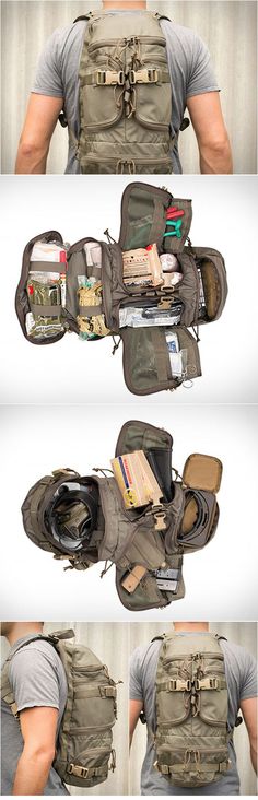 the back and side views of a man's backpack with many items in it