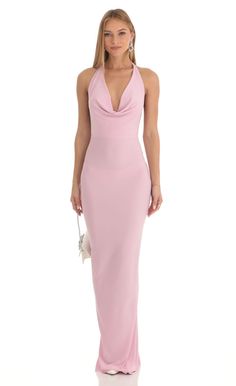 Razz Gathered Back Halter BodyCon Maxi Dress in Pink | LUCY IN THE SKY Casual Prom Dresses, Halter Dress Formal, Floral Bridesmaid Dresses, Bodycon Maxi Dress, Light Pink Dress, Shoes Outfit Fashion, Pink Formal Dresses, Prom Dress Inspiration, Backless Prom Dresses