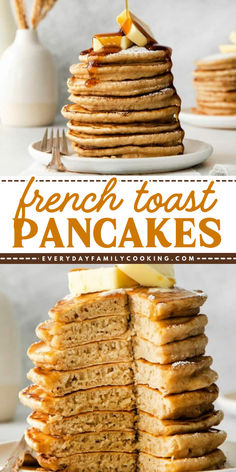 These French Toast Pancakes make the best Mother's Day brunch idea! These homemade pancakes are tall, fluffy, and ready in 15 minutes. Pin this sweet brunch idea! French Toast With Pancake Batter, Tasty Pancake Recipe, Fluffy Sheet Pan Pancakes, Breakfast Ideas Healthy Pancakes, Flat Pancake Recipe, Flavored Pancakes Recipe, French Pancakes Recipe, Flavoured Pancakes, Pancakes Without Buttermilk