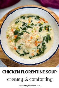 This image shows a recipe for chicken florentine soup. Spinach Chicken Soup, Home Made Chicken Soup, Creamy Chicken Florentine, Butternut Squash Baked, Cream Of Spinach Soup, Spinach Soup Healthy, Quick And Easy Soup Recipes