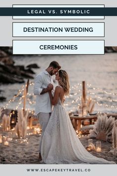 a man and woman standing next to each other in front of candles on the beach