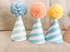 "POM PARTY HATS! Summery and sweet these striped and polka dotted hats scream summer party. Extremely limited quantity. Hats are made of premium paper with a printed pattern, Poms are handmade. Hat measures 2.5\" across and 3.5\" tall. Hats look good on babies, adults even pets! Hats come assembled with a white elastic band - you can remove it if you wish to use a bobby pin or something else to hold it in place. LISTING IS FOR 1 POM HAT Need something custom? Message me! $1.50 extra per custom i Playful Mini Hats For Summer Party, Playful Mini Party Hats For Summer, Playful Party Hats For Spring, Playful Spring Party Hats, White Summer Party Supplies, Playful Mini Hats For Spring Gift, Playful Spring Mini Hats For Gifts, Neutral Rainbow, Birthday Cake Smash