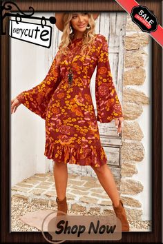 Boho Floral Print Ruffled Long Sleeve Mini Dress Fall Floral Print Dress With Bell Sleeves, Flowy Vintage Midi Dress For Fall, Ruffle Long Sleeve, Dresses Floral, Floral Dresses, Long Sleeve Mini, Boho Floral, Mini Dress With Sleeves, Long Sleeve Mini Dress