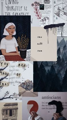 collage of various images with words and pictures on them, including an image of a woman holding a plant