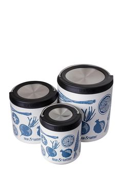 three white and black containers with blue designs on them, one has a plastic lid