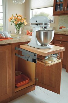 a kitchen scene with focus on the mixer in the cabinet drawer and an orange flower