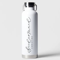 a stainless steel water bottle with the word grandma written on it and a black lid