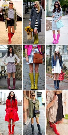 Hunter Rain Boots Outfit Spring, Rainboot Outfits, How To Wear Rain Boots, Rain Boots Outfit, Boots And Dress, Rainy Day Outfits