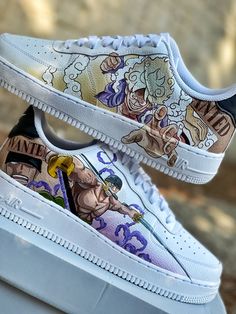 Custom AF1 Kicks The "Gear5" customs -OUR WORK All of my artworks are handpainted and unique! This is the reason why i prefer to paint everytime different designs. The shoes are ordered in to be painted according to your custom requirements. The photos in this listing are an example so as to understand the quality and the details that my artworks have. They are totally hand painted using special Angelus acrylic colours and special LK finisher, one of the best in the market Price includes 100% fu Zoro Luffy, Air Force 1 Shoes, Alternative Shoes, Custom Af1, Custom Painted Shoes, Diy Sneakers, Painted Sneakers, Acrylic Colours, Custom Air Force 1