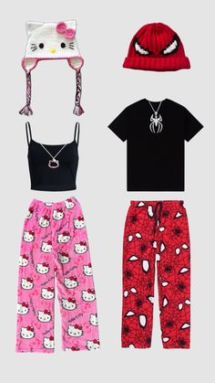 #hellokitty #spiderman #outfitinspo Hello Kitty And Spiderman Couple Pajamas, Hello Kitty And Spiderman Outfit, Hello Kitty And Spiderman Pjs, Spiderman Pjs, Hello Kitty X Spiderman, Spiderman Clothes, Spiderman And Hello Kitty, Hello Kitty And Spiderman, Spiderman Girl