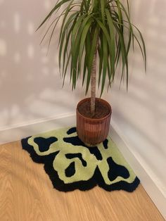 a potted plant sitting on top of a wooden floor next to a green rug