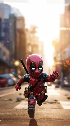 the deadpool character is running across the street