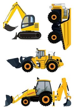 four different types of construction vehicles on a white background