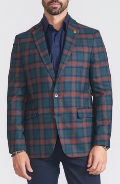 A classic plaid print brings refined style to this sport coat that's cut from a wool blend for a sophisticated look and feel. Two-button closure Notched lapels Four-button cuffs Front flap pockets; chest welt pocket Lined 52% wool, 46% polyester, 2% spandex Dry clean Imported Tailored Plaid Wool Sport Coat, Plaid Wool Sport Coat With Suit Collar, Tailored Single-breasted Plaid Sport Coat, Semi-formal Plaid Wool Blazer, Tailored Plaid Sport Coat With Suit Collar, Tailored Plaid Tweed Jacket With Single Button, Tailored Plaid Sport Coat With Long Sleeves, Tailored Single-button Plaid Tweed Jacket, Plaid Sport Coat For Business Casual In Winter