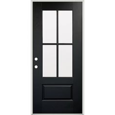 a black and white door with three panes on the front, and one side panel