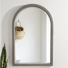 a mirror hanging on the wall next to a potted plant and a wicker basket