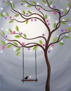 a painting of a bird sitting on a swing in a tree with flowers and leaves